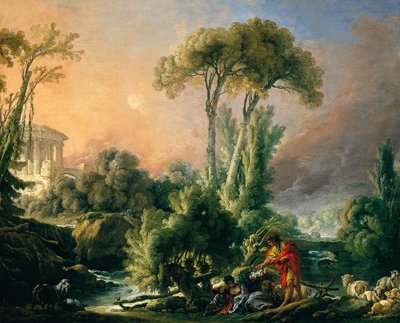 Flusslandschaft mit antikem Tempel von François Boucher